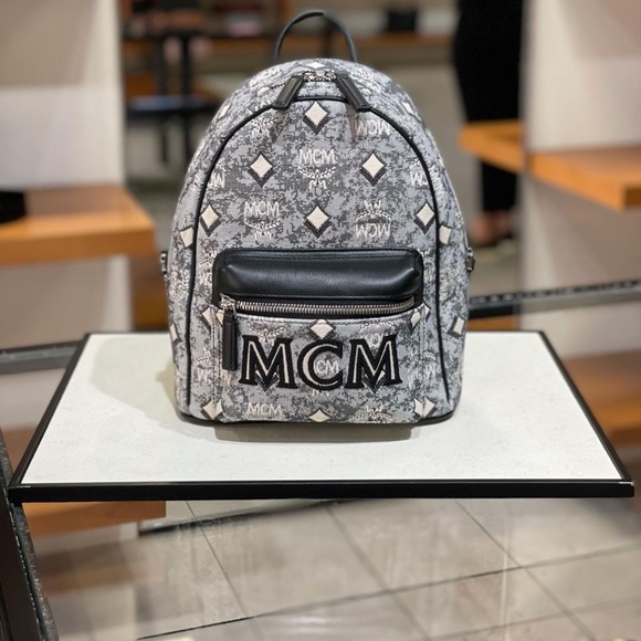 Mcm Backpack Black Stark Logo Stripe Backpack In Visetos Visetos